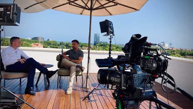 interview filming on roof top terrace in Barcelona