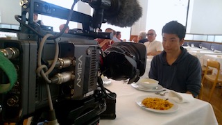 setting up ARRI AMIRA camera for filming a table scene in CSIC restaurant Madrid