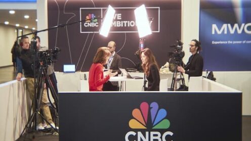 CNBC multi-camera live set with cameras and lighting at Mobile World Congress in Barcelona, Spain.