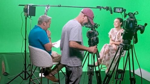 camera-crew in green screen studio