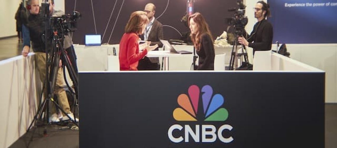 CNBC multi-camera live set with cameras and lighting at Mobile World Congress in Barcelona, Spain.