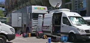 DSNG uplink trucks at Bernabeu Football Stadium, Madrid